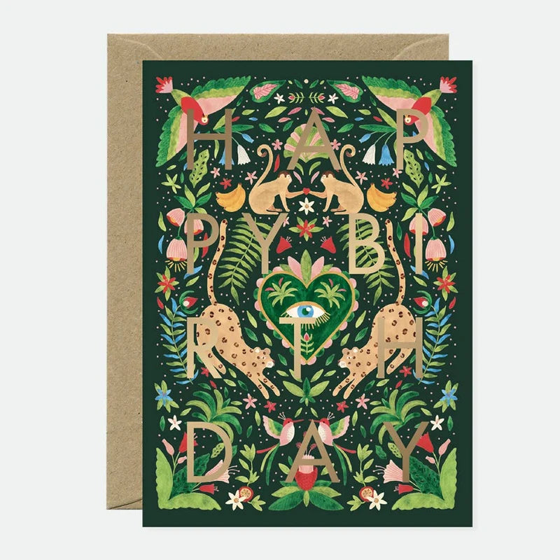 Carte d'anniversaire jungle verte avec dorure