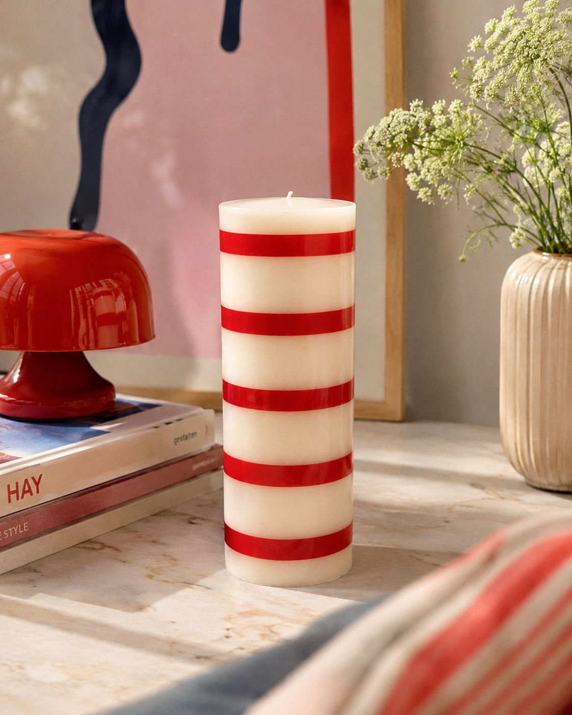 Colonne Bougie-Moyenne-BLANC cassé et rouge