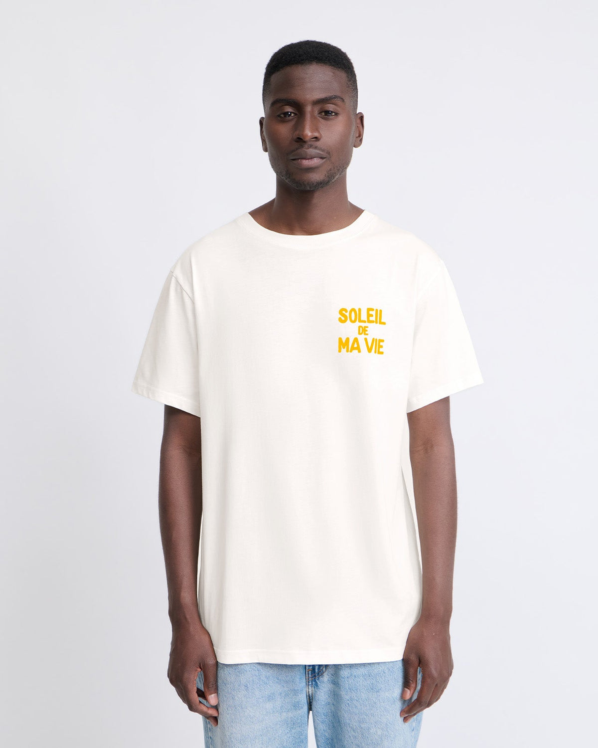Le t-shirt Soleil de ma vie homme en coton bio et flocage velours crème - L