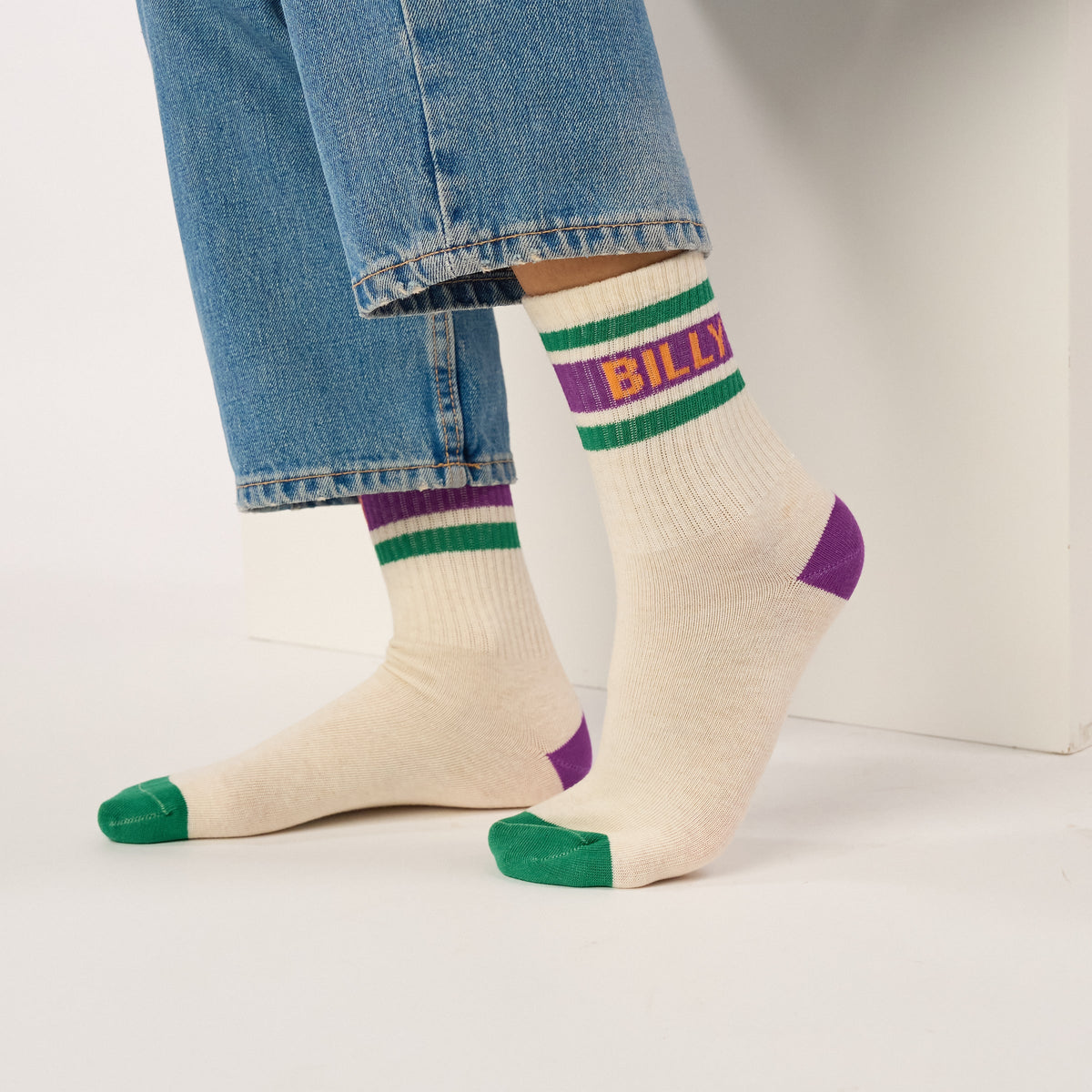 Chaussettes tennis - Ecru, rayé violet et vert