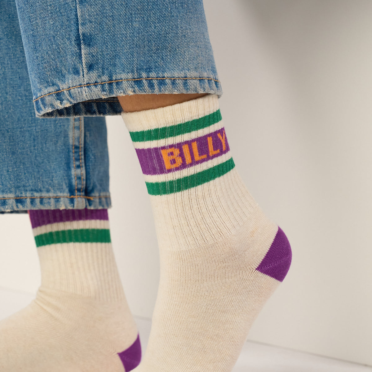 Chaussettes tennis - Ecru, rayé violet et vert