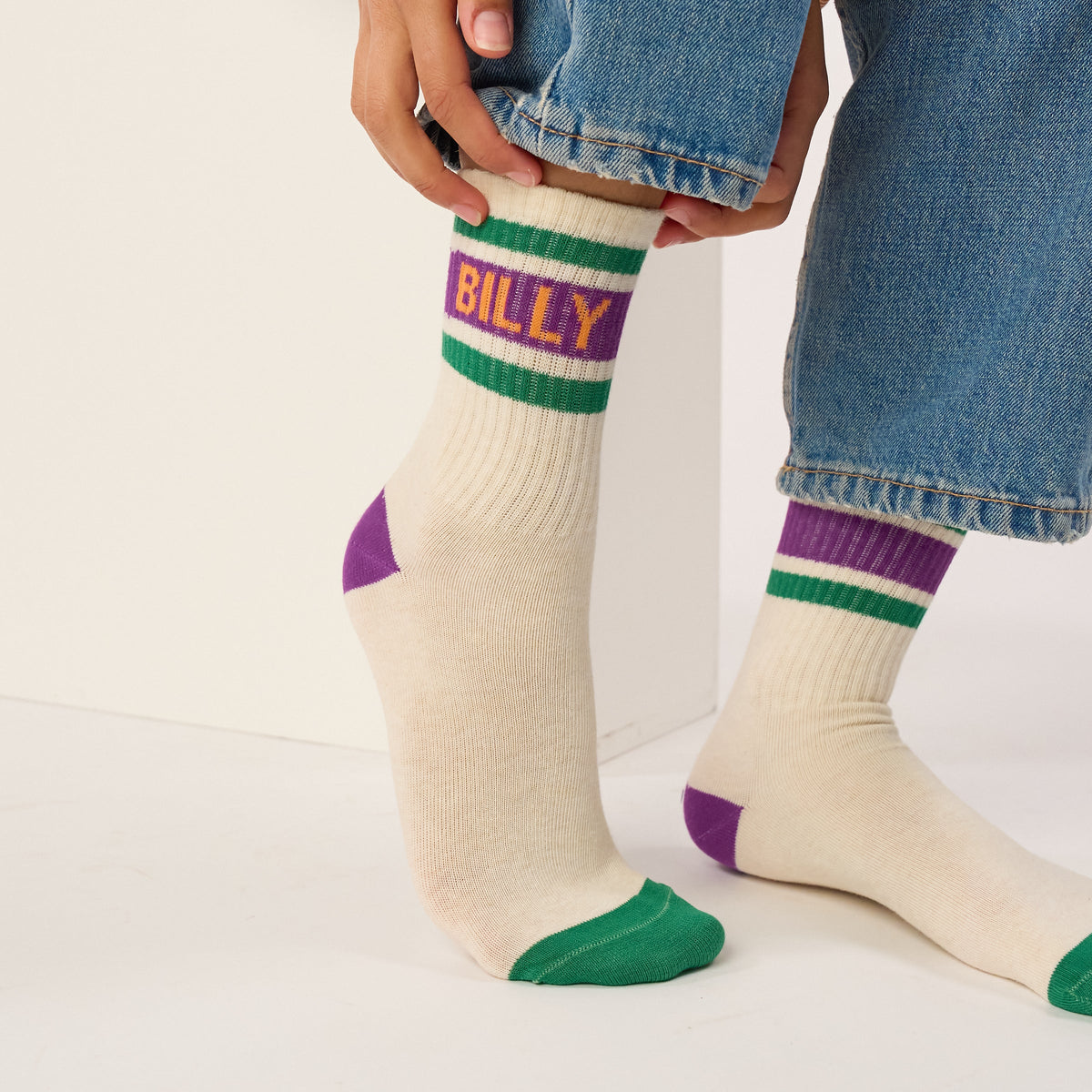 Chaussettes tennis - Ecru, rayé violet et vert