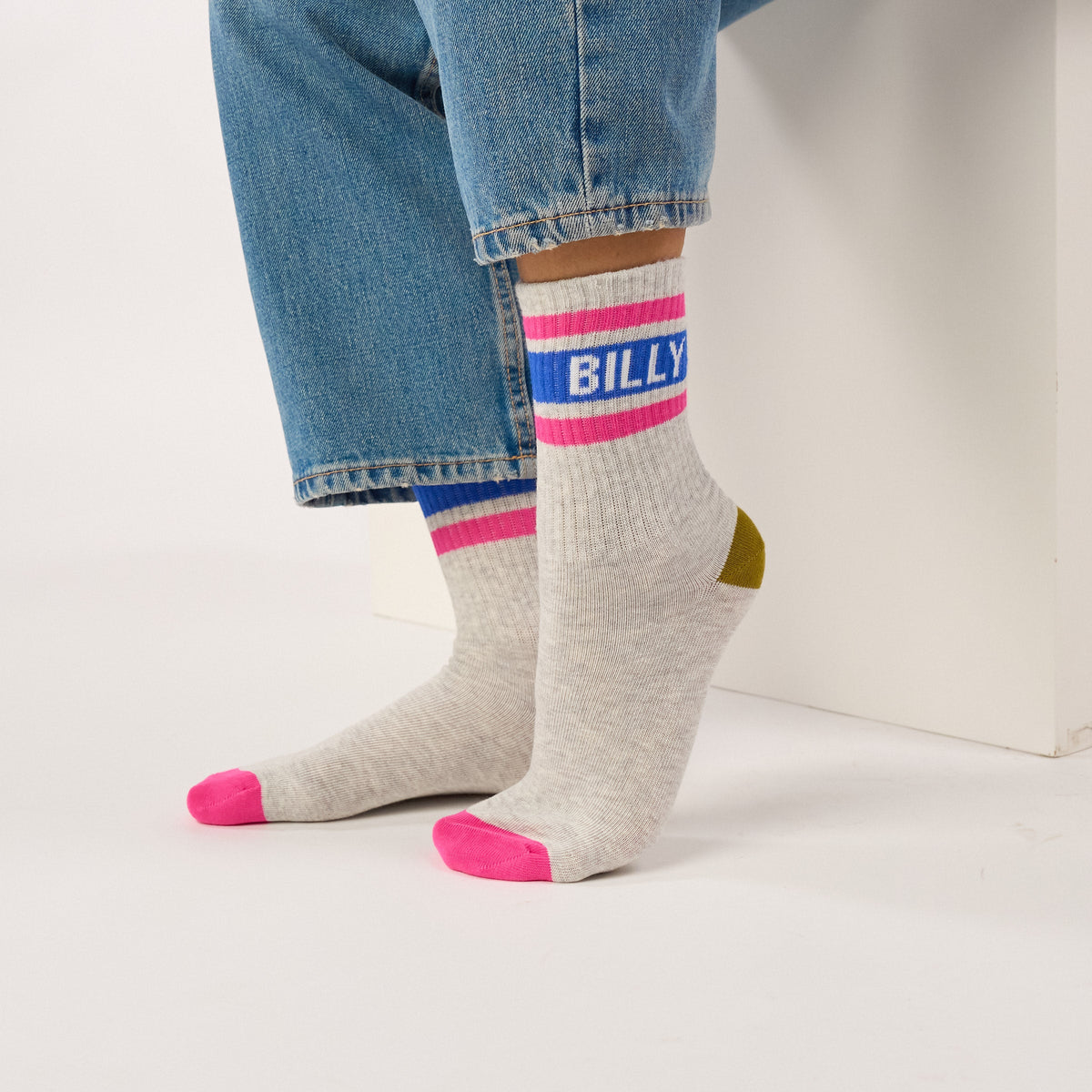 Chaussettes tennis - Ecru, rayé violet et vert