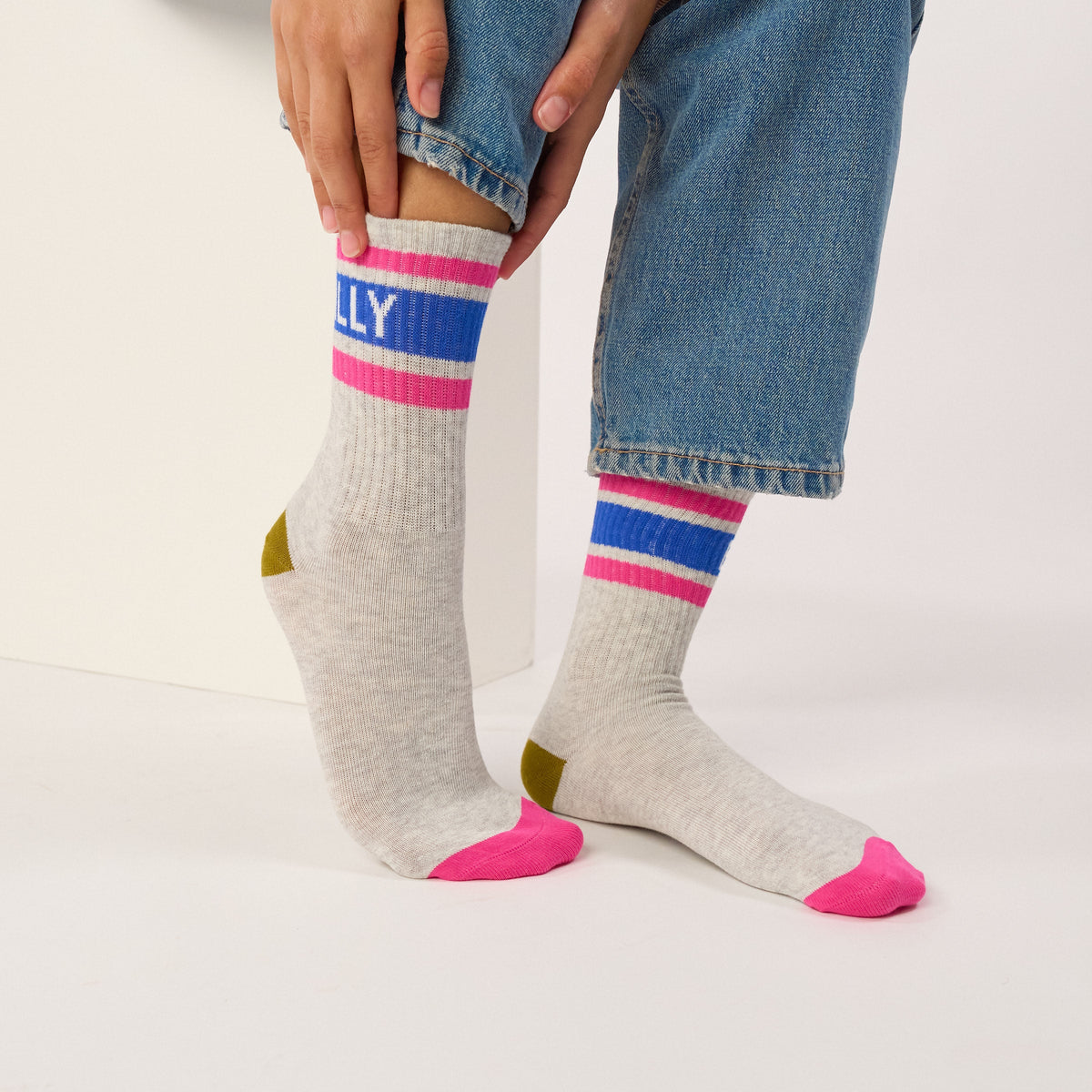 Chaussettes tennis - Ecru, rayé violet et vert