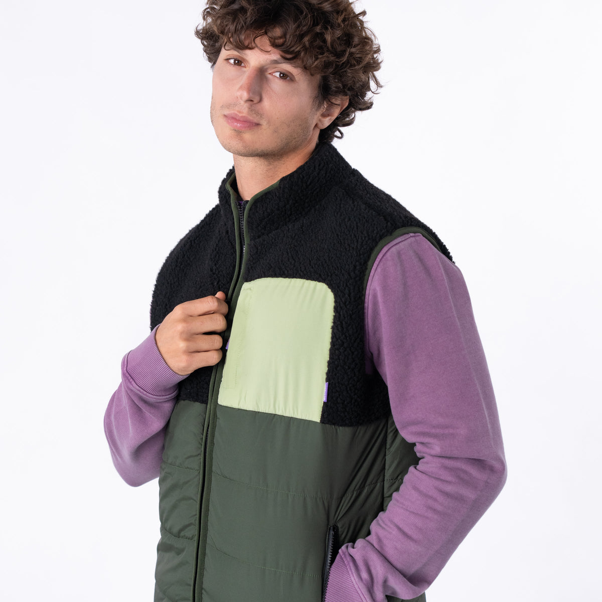 Veste bi-matières en sherpa sans manches - Noir et Kaki